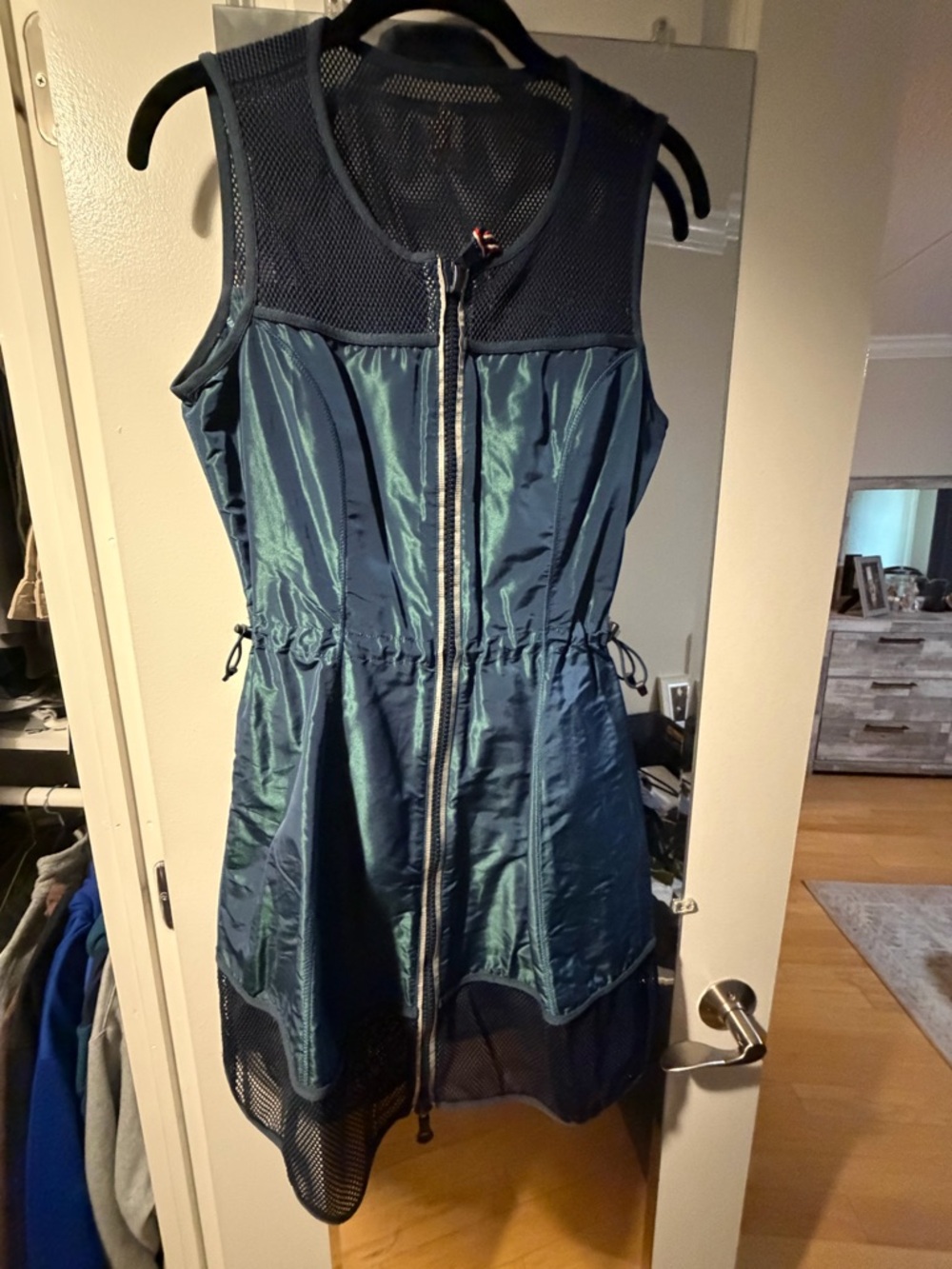 Moncler teal sleeveless drawstring mini dress